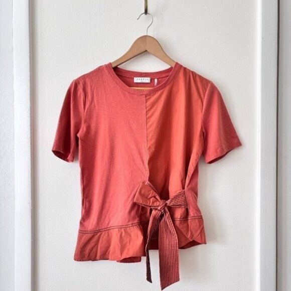 Sandro Paris Node Bow Detail Asymmetric Ruffled Hem T-Shirt in Terracotta Size S - Picture 3 of 9